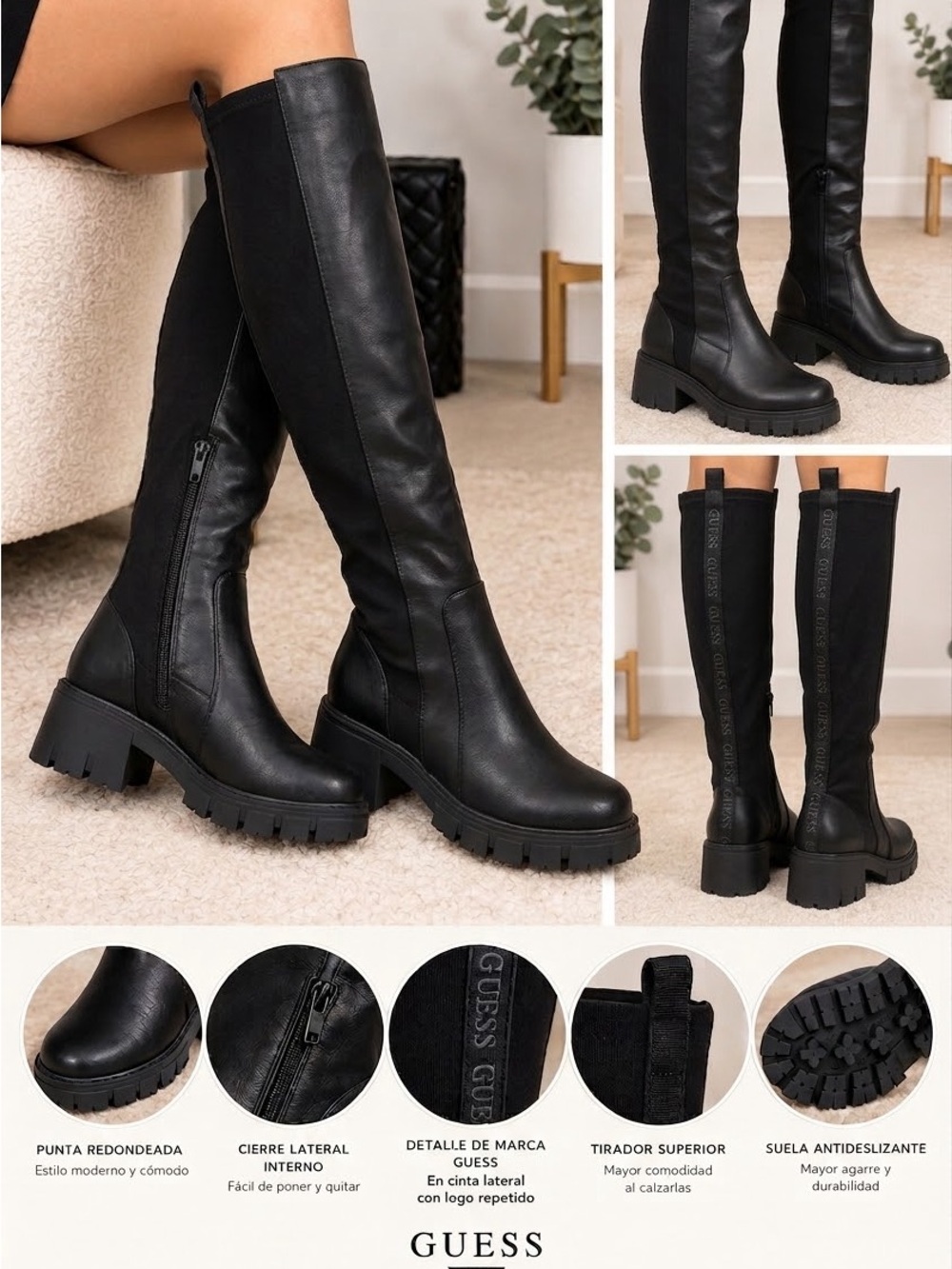GUESS Black Over-the-Knee Lug-Sole Boots